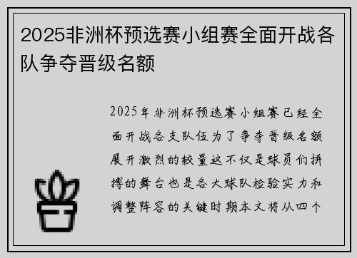 2025非洲杯预选赛小组赛全面开战各队争夺晋级名额