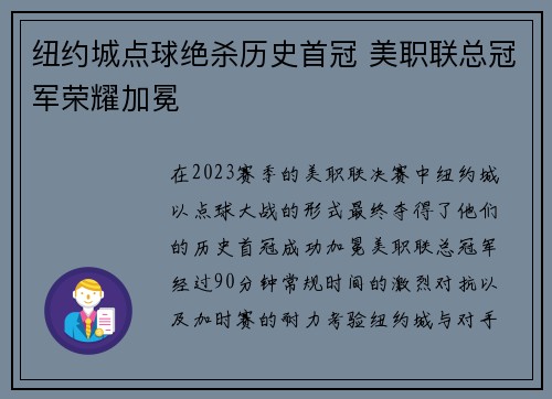 纽约城点球绝杀历史首冠 美职联总冠军荣耀加冕