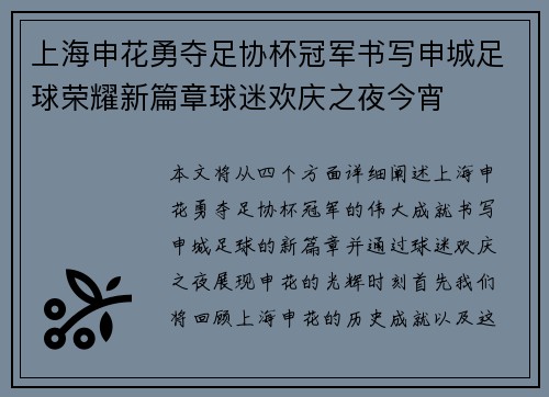 上海申花勇夺足协杯冠军书写申城足球荣耀新篇章球迷欢庆之夜今宵